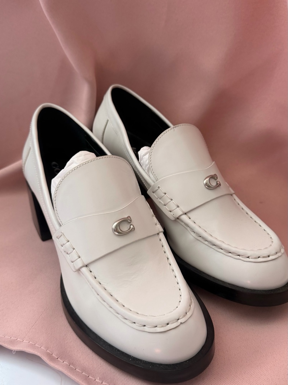 Coach White Leather Heeled Penny Loafers with Silver C Logo